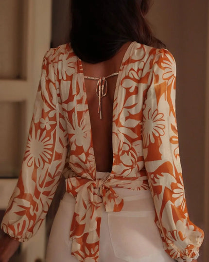 Printed Tie Back Balloon Sleeve Blouse