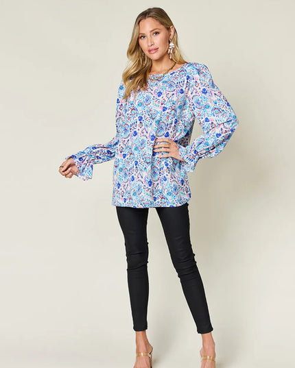 Double Take Full Size Printed Flounce Sleeve Blouse