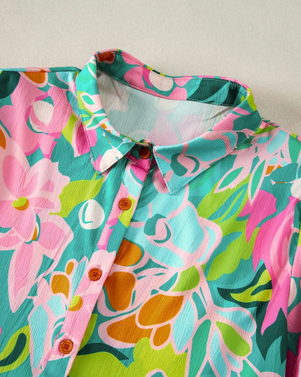 Printed Collared Neck Puff Sleeve Mini Dress