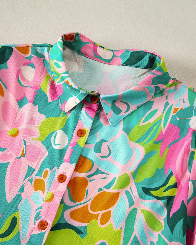 Printed Collared Neck Puff Sleeve Mini Dress