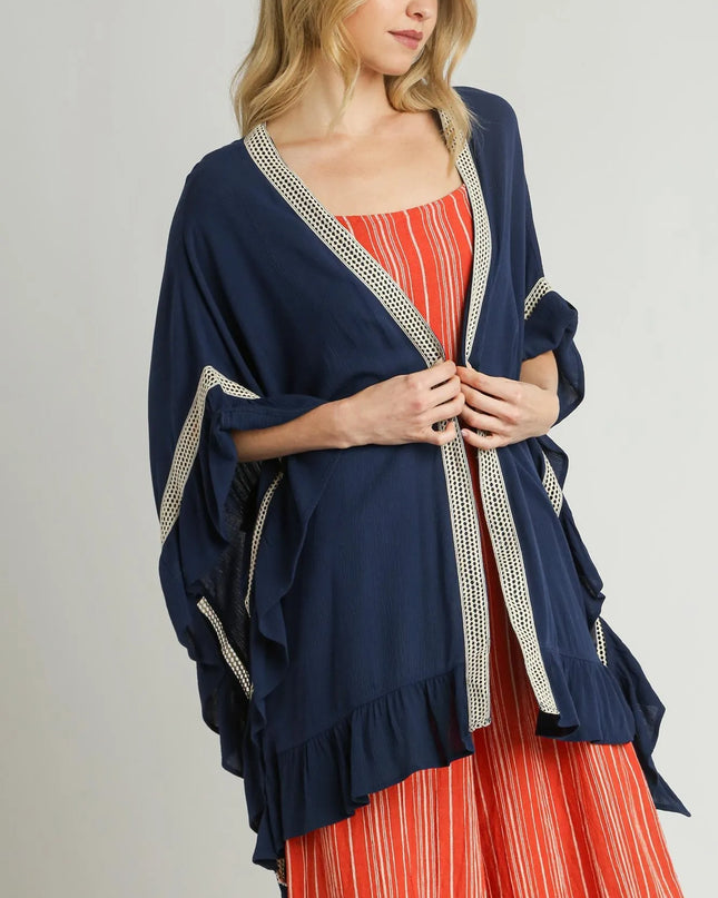 Umgee Ruffle Trim Kimono with Crochet Accent Navy