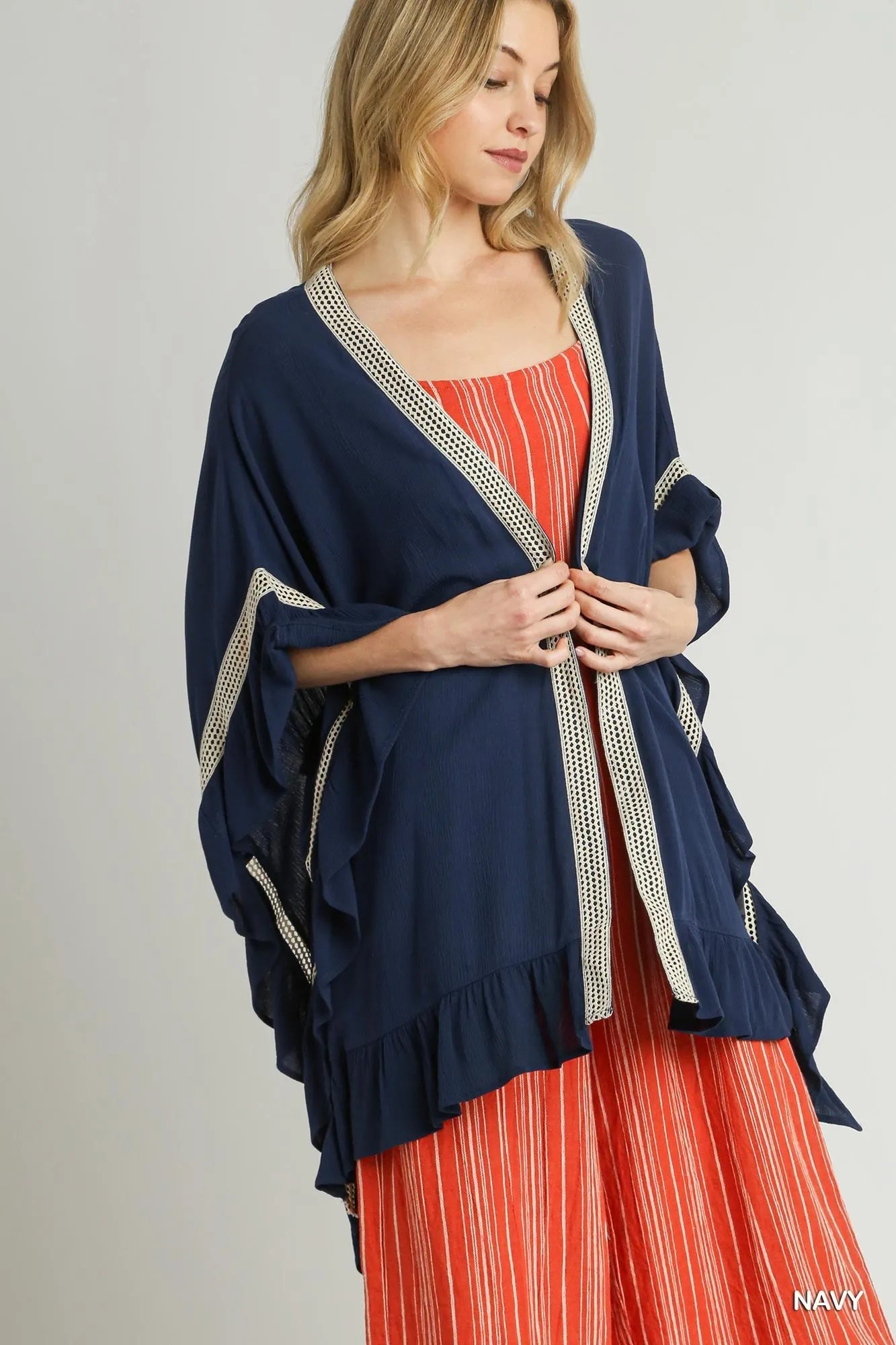 Umgee Ruffle Trim Kimono with Crochet Accent Navy