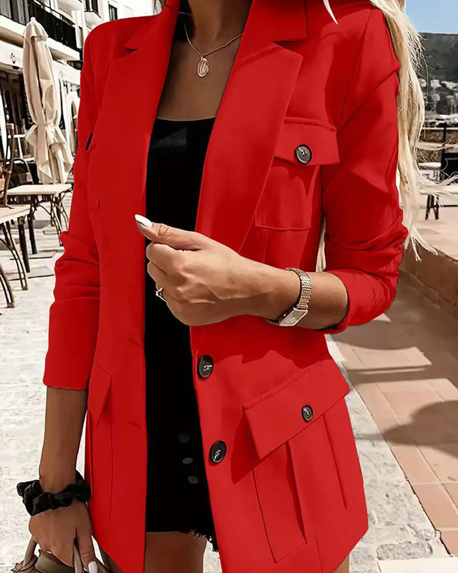Lapel Collar Long Sleeve Blazer Red