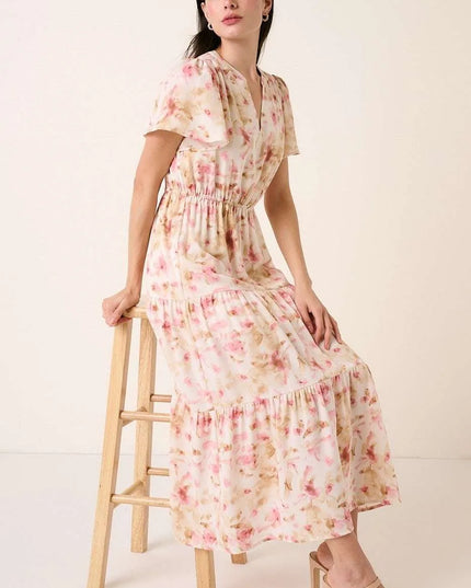 Mittoshop Flower Print Flutter Sleeve V Slit Maxi Dress PINK