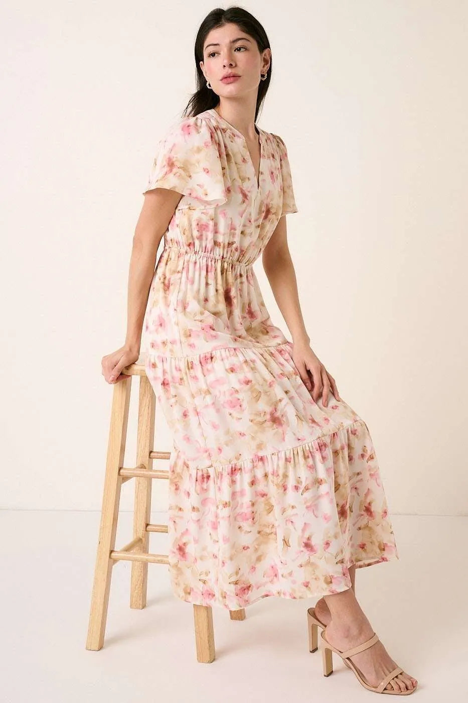 Mittoshop Flower Print Flutter Sleeve V Slit Maxi Dress PINK