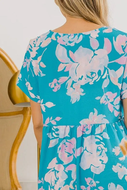 BiBi Floral Crinkle Shirred Ruffle Detail V Neck Dress