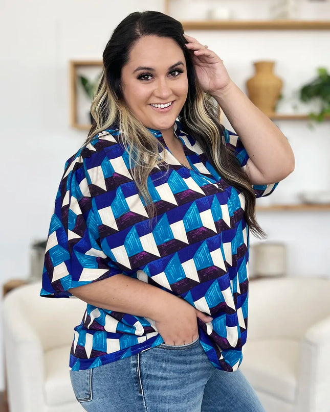 Double Take Full Size Geometric Notched Half Sleeve Blouse
