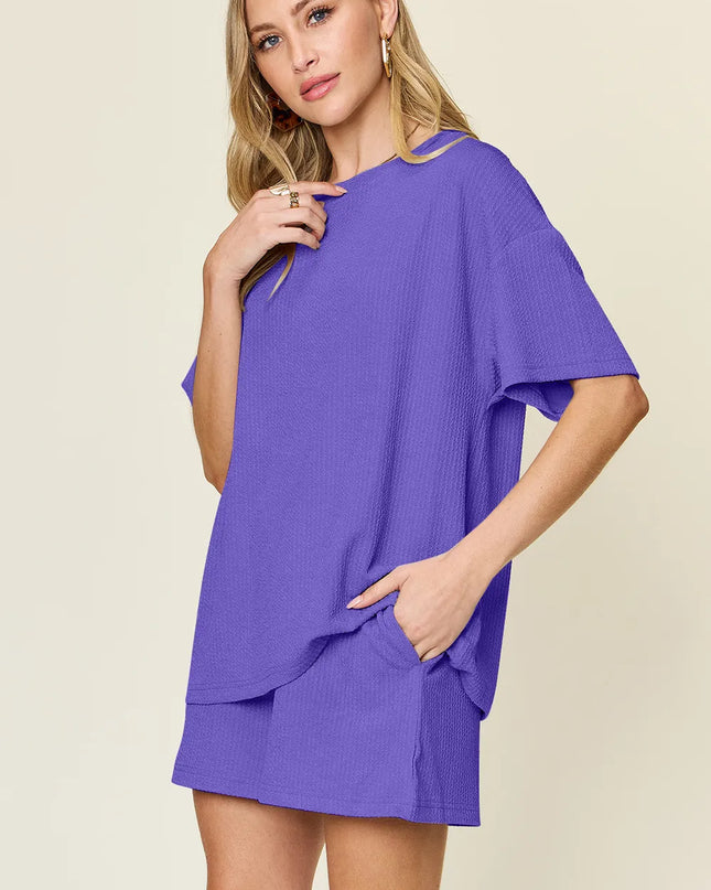 Double Take Basic style Round Neck Solid Set