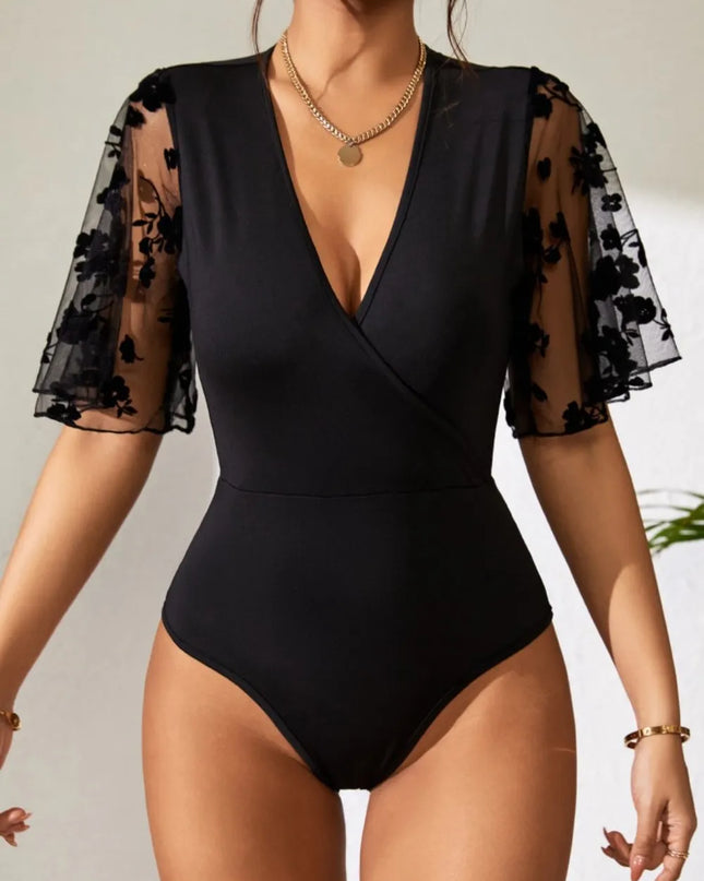 Surplice Lace Flutter Sleeve Bodysuit 