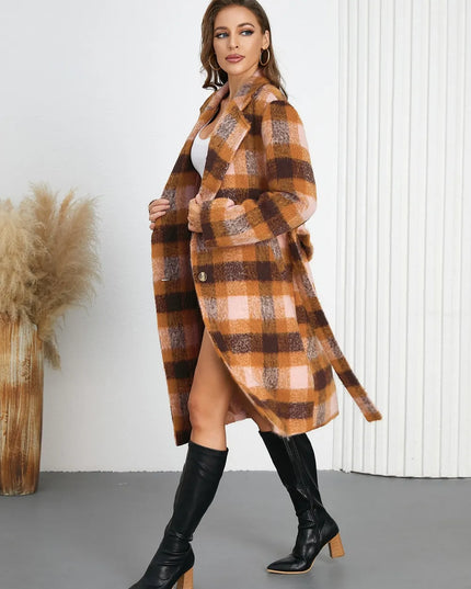 Tied Plaid Collared Neck Coat