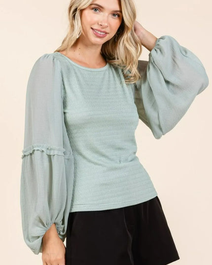 Mittoshop Mixed Media Textured Knit Chiffon Long Sleeve Top 