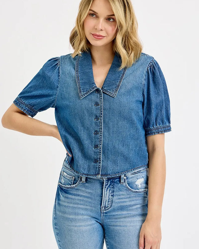 RISEN Button Down Puff Sleeve Crop Denim Shirt