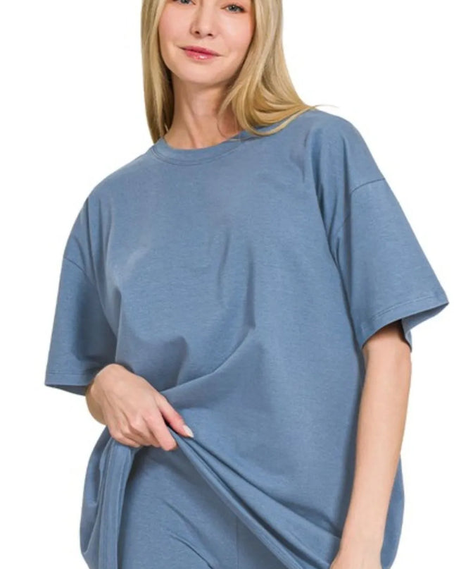 Zenana Cotton Round Neck Top & Biker Shorts