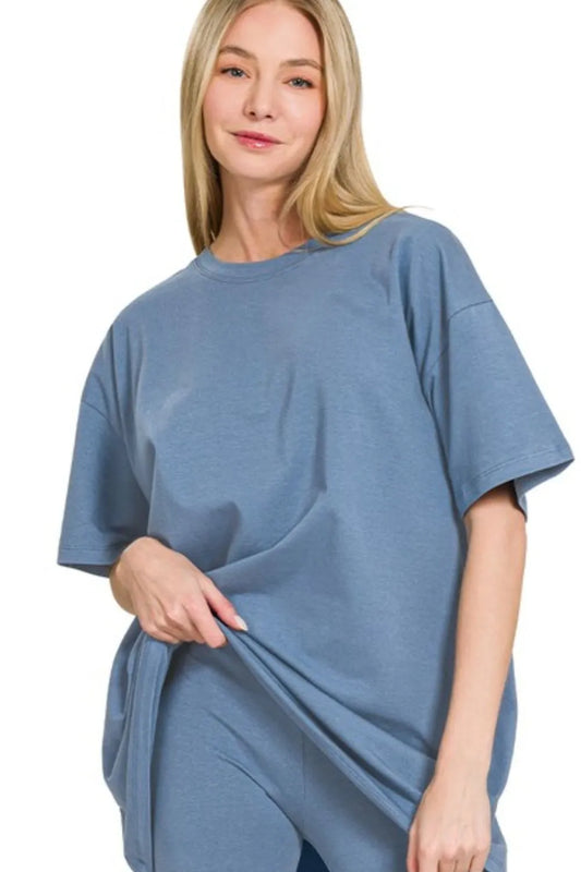 Zenana Cotton Round Neck Top & Biker Shorts