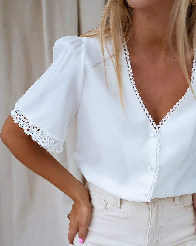 Lace Trim V-Neck Button-Up Blouse