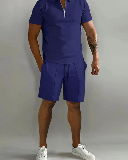 Men's Full Size Collared Neck Short Sleeve Top and Shorts Set Plus Size Navy