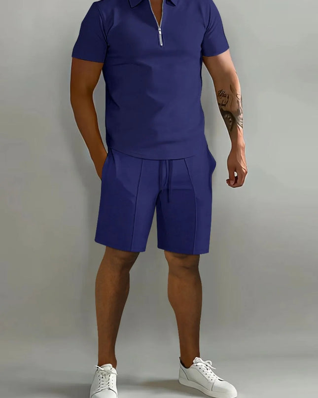 Men's Full Size Collared Neck Short Sleeve Top and Shorts Set Plus Size Navy