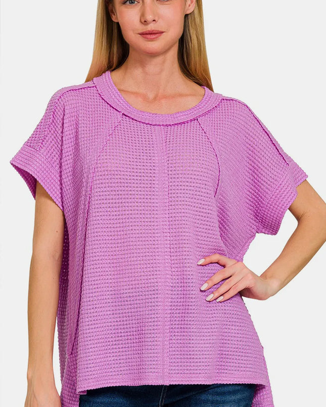 Zenana Waffle Exposed-Seam Short Sleeve T-Shirt Lavender