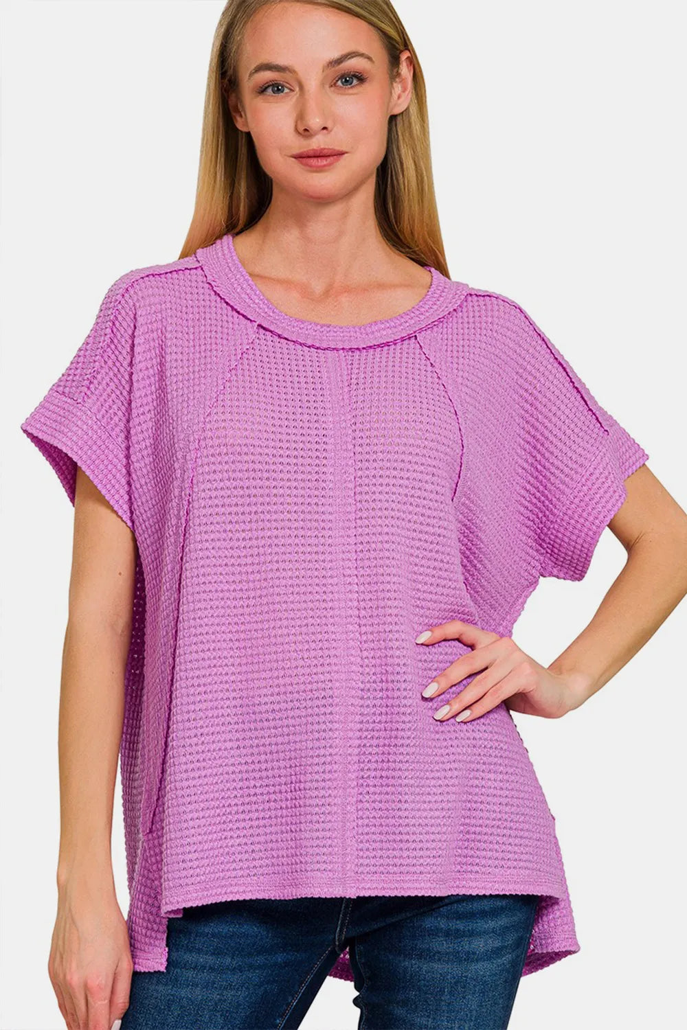 Zenana Waffle Exposed-Seam Short Sleeve T-Shirt Lavender