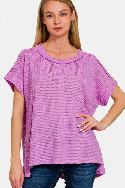 Zenana Waffle Exposed-Seam Short Sleeve T-Shirt Lavender