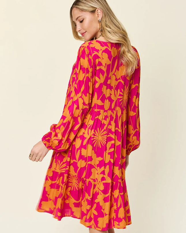 Double Take Full Size Printed Ruffle Hem Dress with Pocket