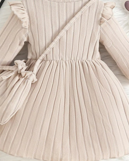 Children's Ribbed Knit Ruffle Trim Dress with Bag