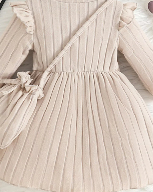 Children's Ribbed Knit Ruffle Trim Dress with Bag