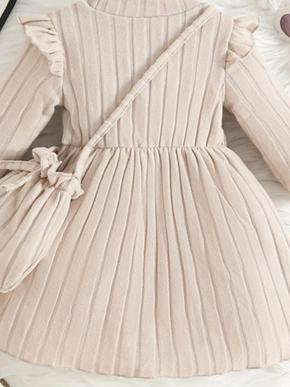 Children's Ribbed Knit Ruffle Trim Dress with Bag