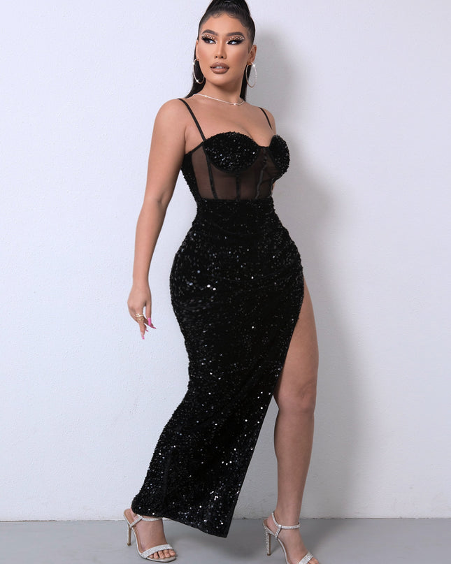 Sequin Spliced Mesh Adjustable Strap Dress 