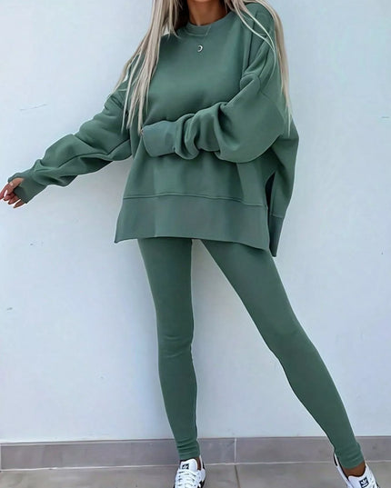 Solid Color Oversize Slit Sweatshirt and Ribbed Leggings 2pcs Set