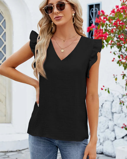 Ruffled V-Neck Cap Sleeve Blouse 