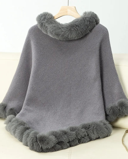 Fuzzy Trim Texture Three-Quarter Sleeve Poncho