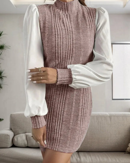 Ribbed Contrast Long Sleeve Sweater Dress