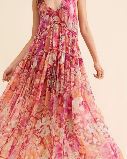 Frill Printed V-Neck Midi Dress Multicolor