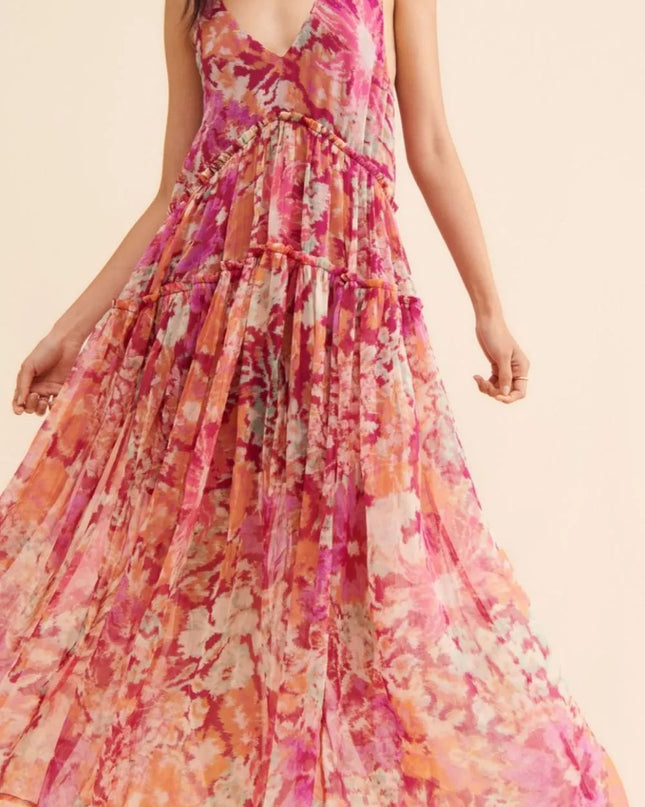 Frill Printed V-Neck Midi Dress Multicolor