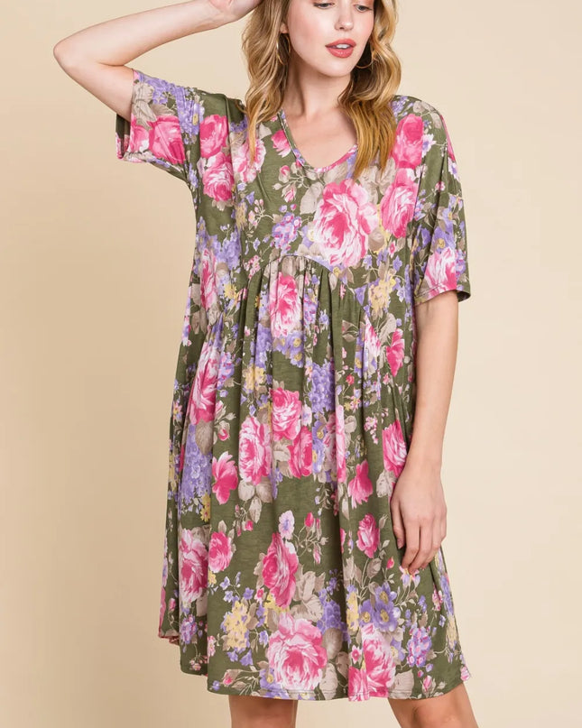 BOMBOM Flower Print V-Neck Ruched Dress