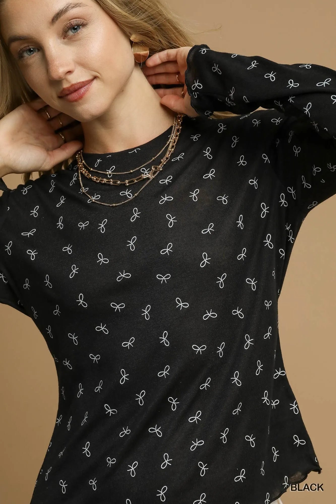 Umgee Bow Print Lightweight Knit Top