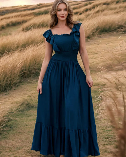 Ruffled Smocked Square Neck Maxi Dress