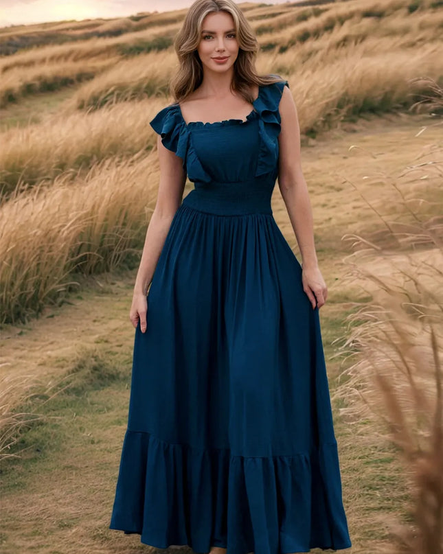 Ruffled Smocked Square Neck Maxi Dress