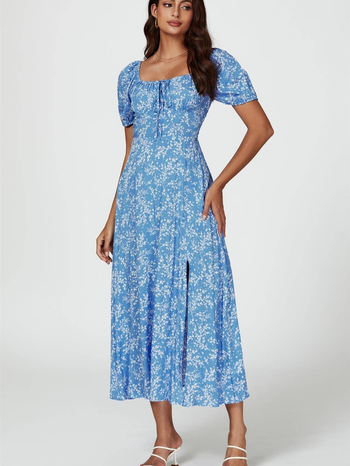 Floral Print Maxi Dress in Blue Navy