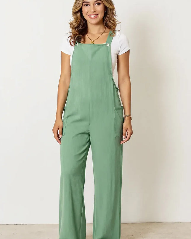 Double Take Full Size Wide Strap Overall with Pockets Gum Leaf