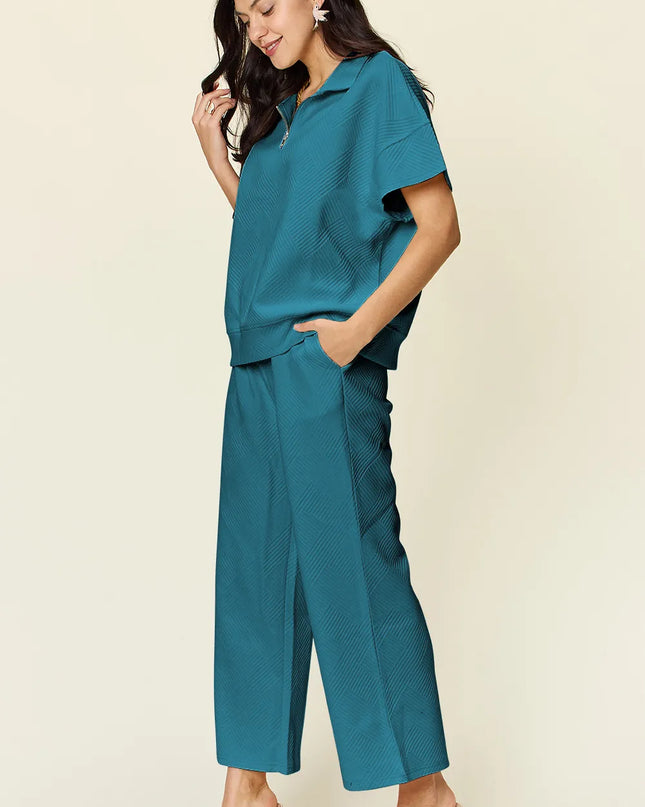 Double Take Full Size Texture Half Zip Short Sleeve Top and Pants Set