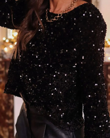 Sequin Round Neck Long Sleeve Blouse
