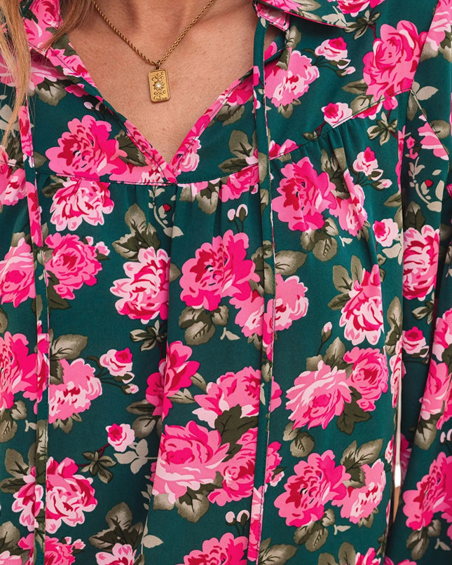 Floral Printed Tied Collar Puff Sleeve Blouse