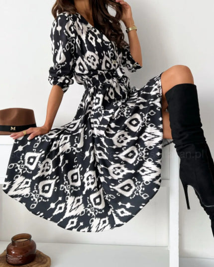 Printed Tie Waist Midi Dress 