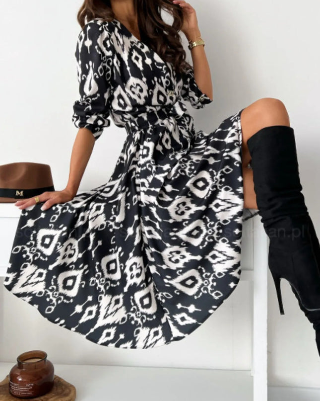 Printed Tie Waist Midi Dress 
