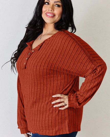 Basic Bae Full Size Ribbed Half Button Long Sleeve T-Shirt