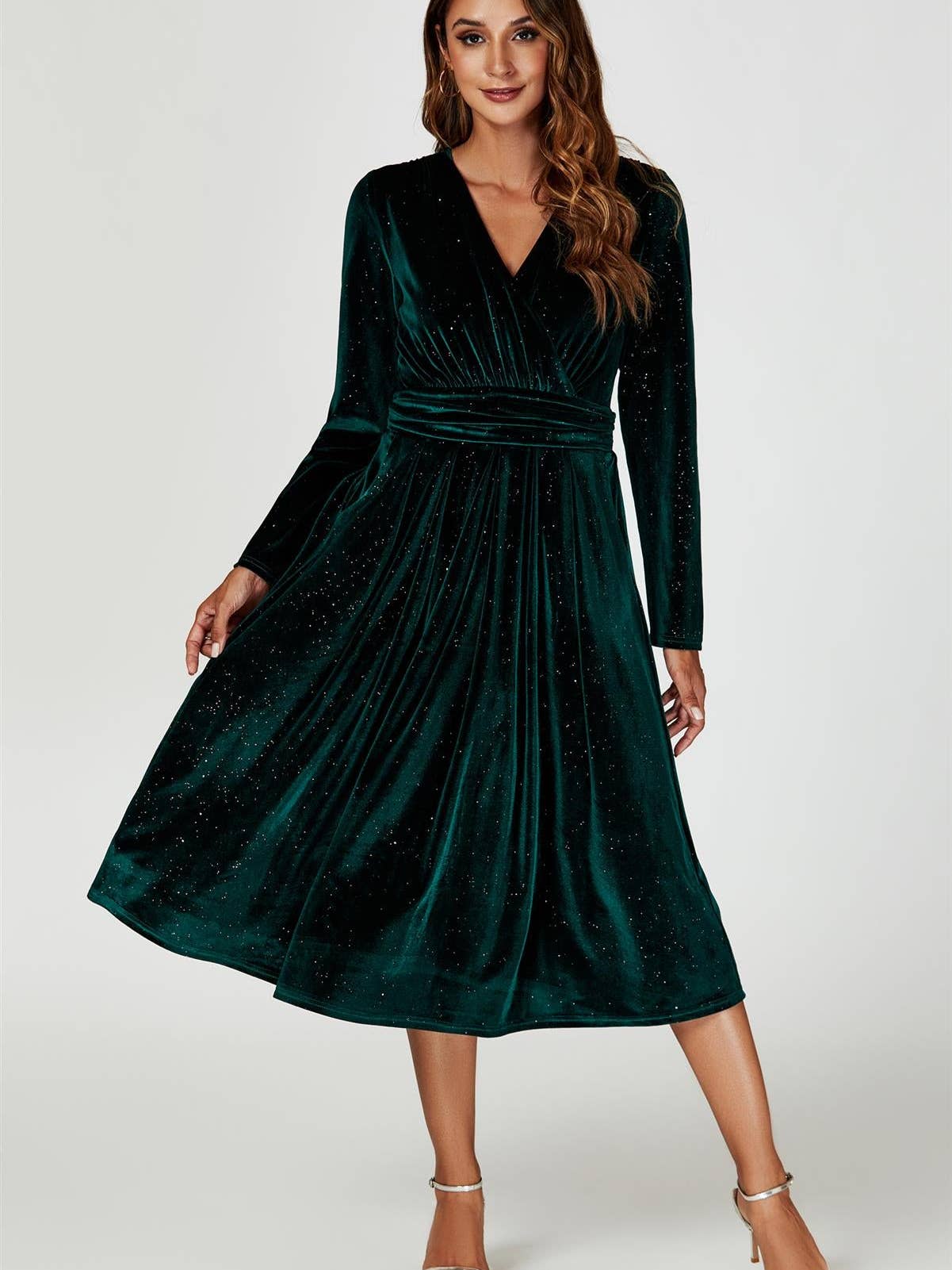 Silver Sparkly Velvet Wrap Top Midi Dress in Green