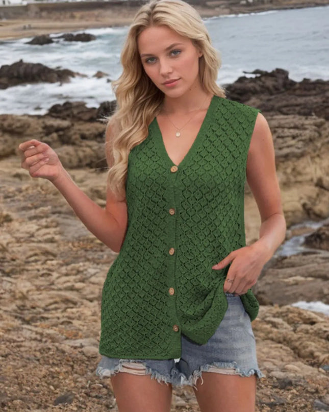 Button Down Eyelet V-Neck Sweater Vest Dark Green