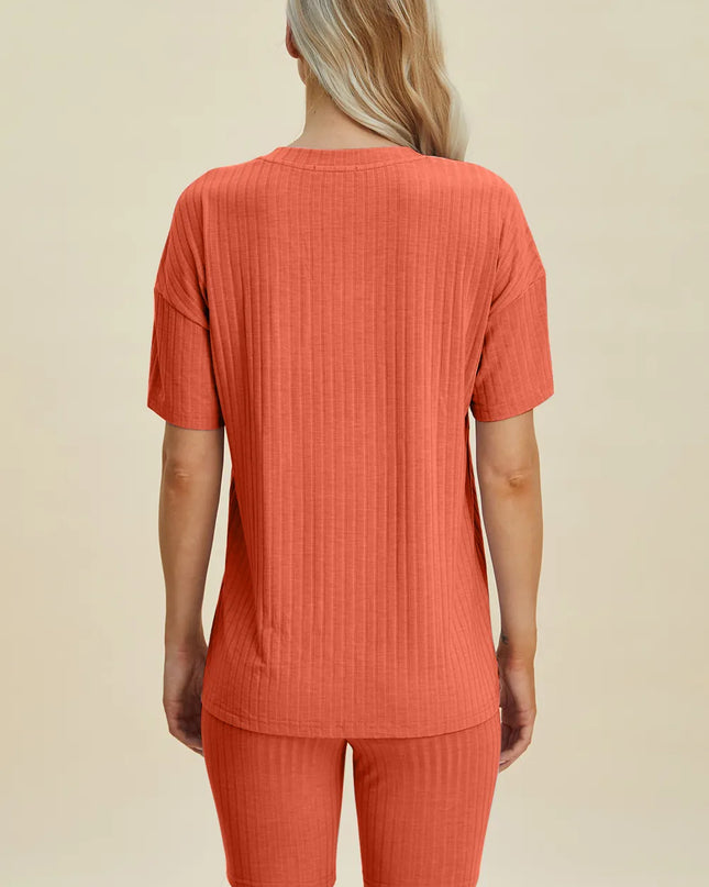 Basic Bae Full Size Ribbed V-Neck Short Sleeve Top and Shorts Set